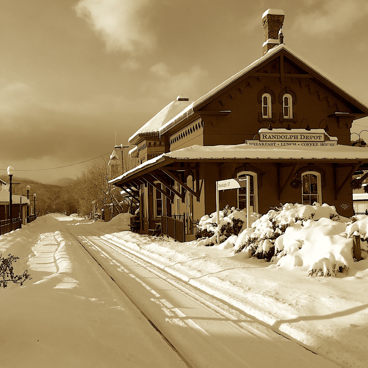 An older photo of the train depot building.